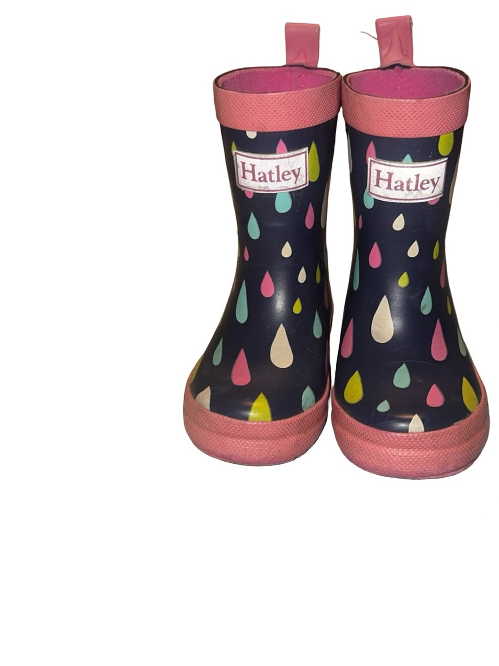 Hatley Navy Rain Boots with Pink Trim and Multicolor Raindrops